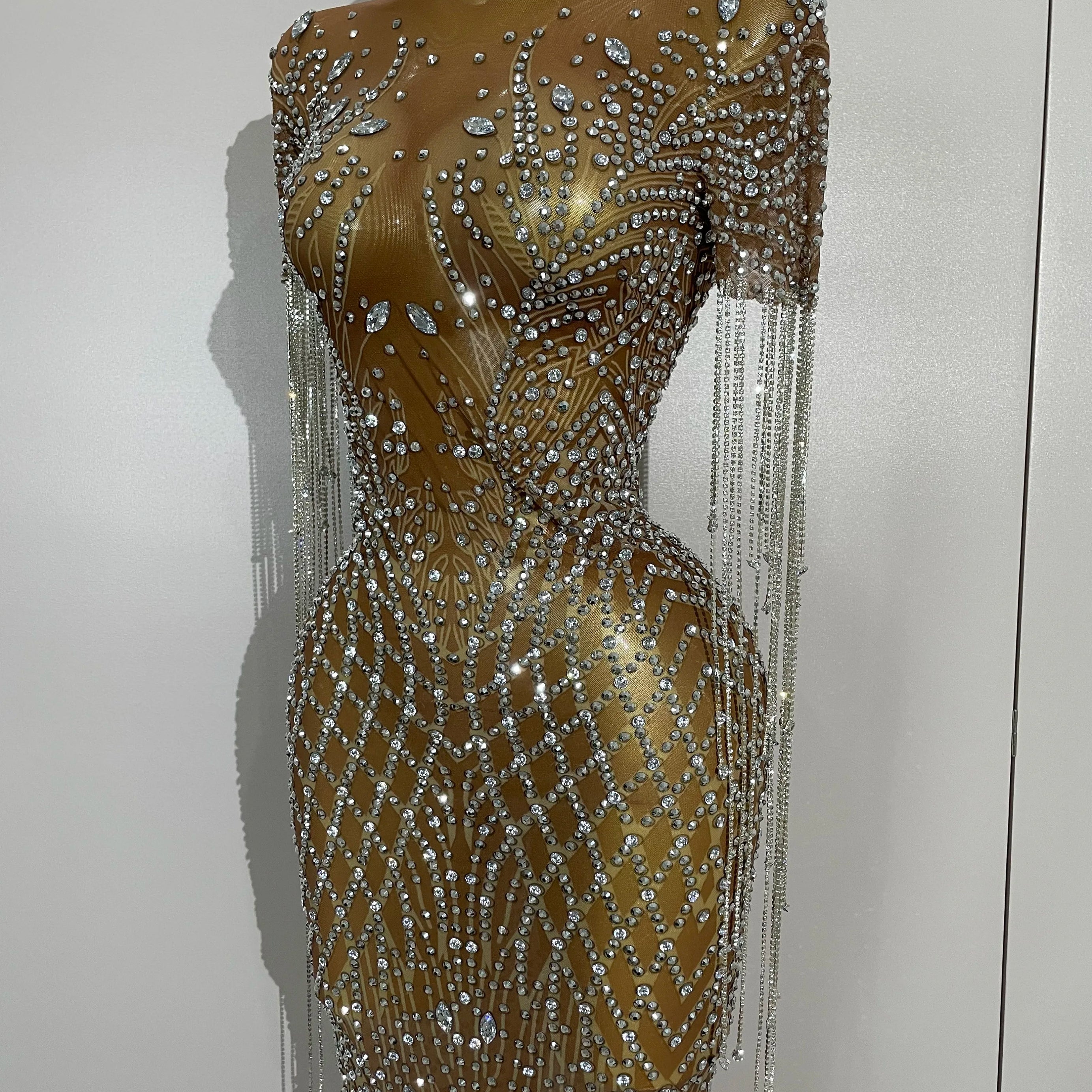 Luxery Sparkly Rhinestones Tassel Transparent Mesh Stretch Long Dress Women Evening Celebrate Birthday Dress Sexy Stage Costumes