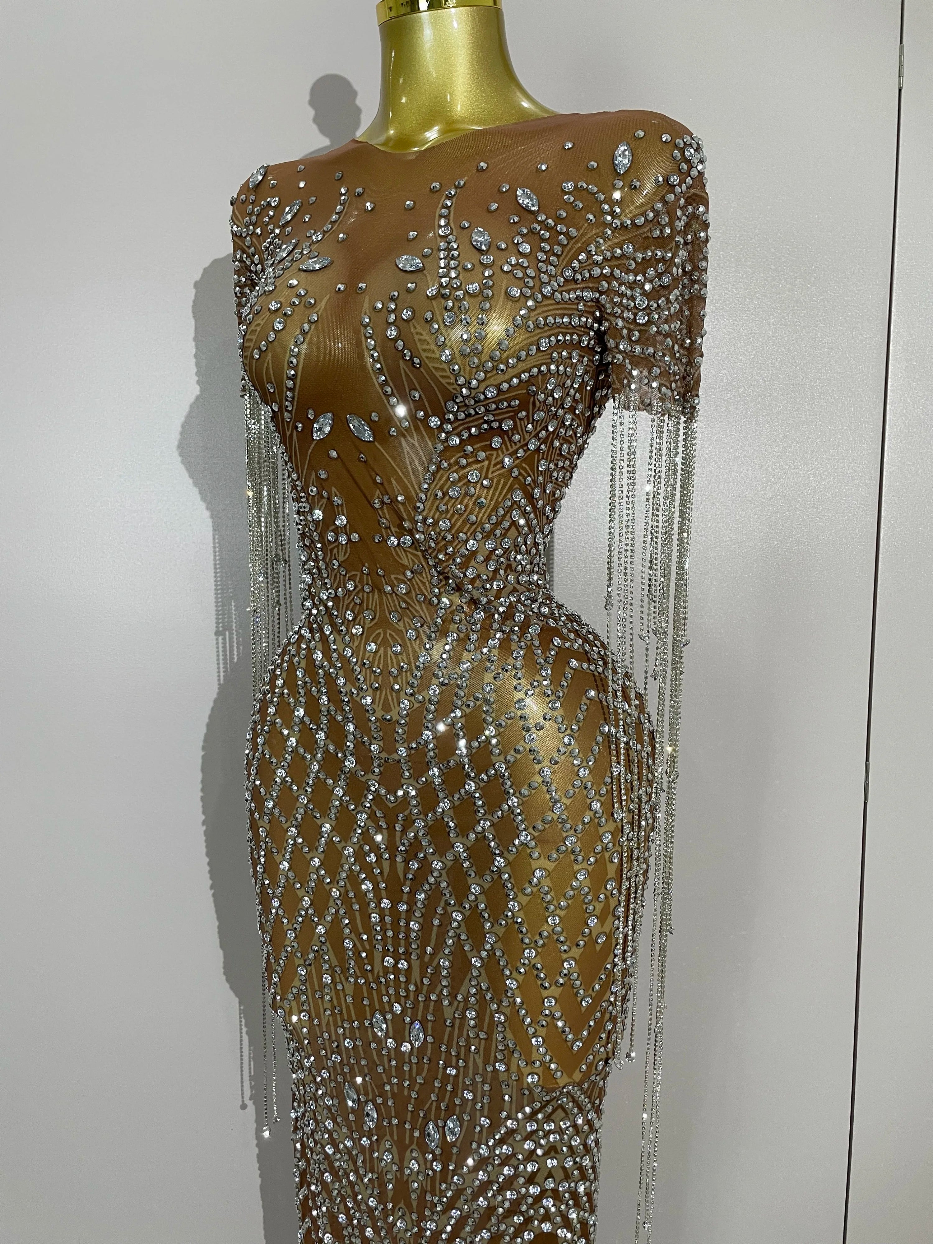 Luxery Sparkly Rhinestones Tassel Transparent Mesh Stretch Long Dress Women Evening Celebrate Birthday Dress Sexy Stage Costumes