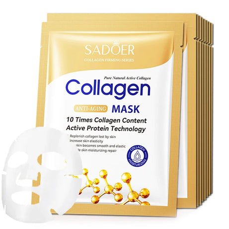 Lot de 10 masques visage anti-rides au collagène, hydratants, anti-âge, réparateurs et éclaircissants. Soin du visage. Masques en tissu.