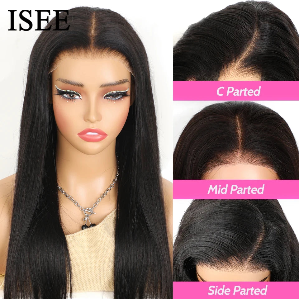 Perruques ISEE Hair sans colle, cheveux humains, prêtes à porter, lisses, pré-épilées, faciles à porter, avec lace front 7x5HD et dentelle prédécoupée.