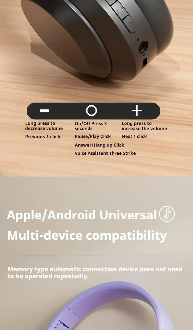 Casque stéréo Hi-Fi circum-aural M5 sans fil Bluetooth 5.3, idéal pour le sport et les jeux vidéo. Compatible avec carte TF/AUX et réduction du bruit.