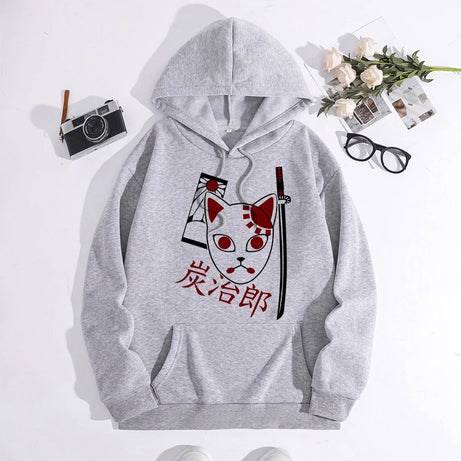 Japanese Anime Demon Slayer Hoodie Unisex Kamado Tanjirou Graphic Sweatshirts Greys Y2k Harajuku Fashion Cartoon Pullover Winter