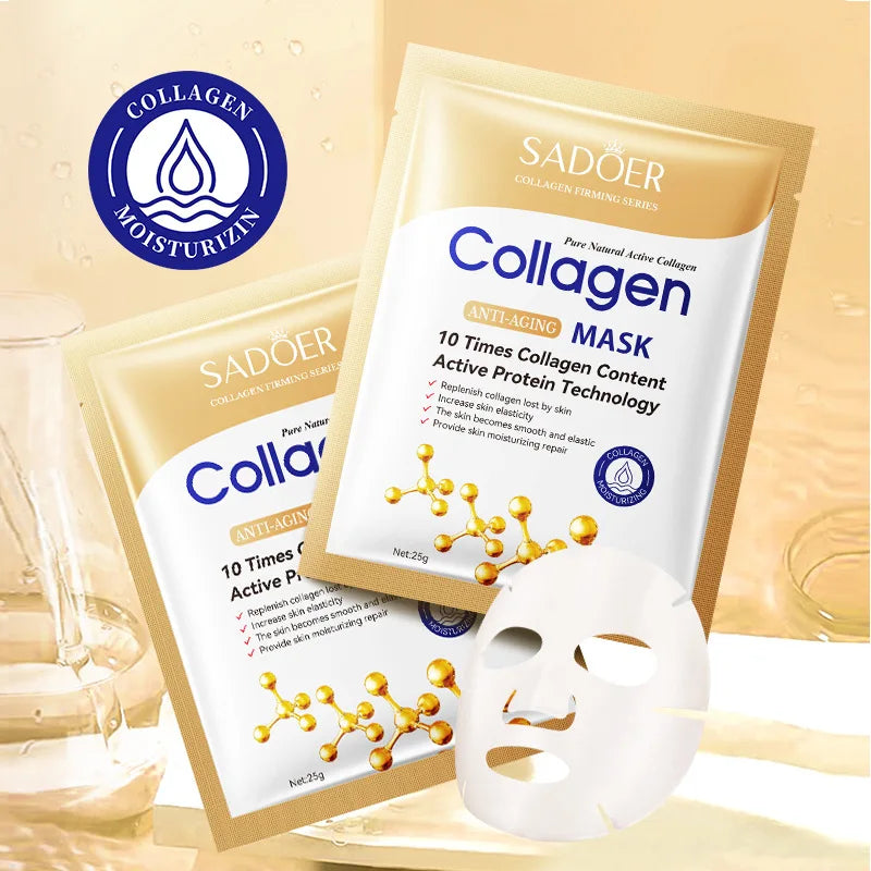 Lot de 10 masques visage anti-rides au collagène, hydratants, anti-âge, réparateurs et éclaircissants. Soin du visage. Masques en tissu.