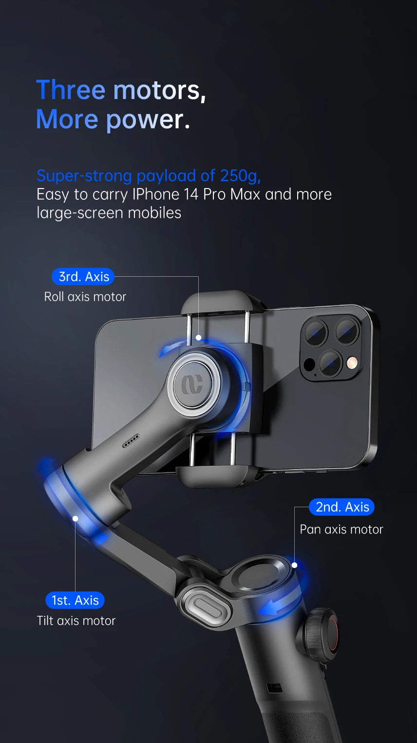 Stabilisateur à cardan 3 axes pour smartphone, pliable, portable, pour l'enregistrement vidéo, les vlogs et les appareils Android. Stabilisateur anti-tremblement PTZ pour iPhone et Android.