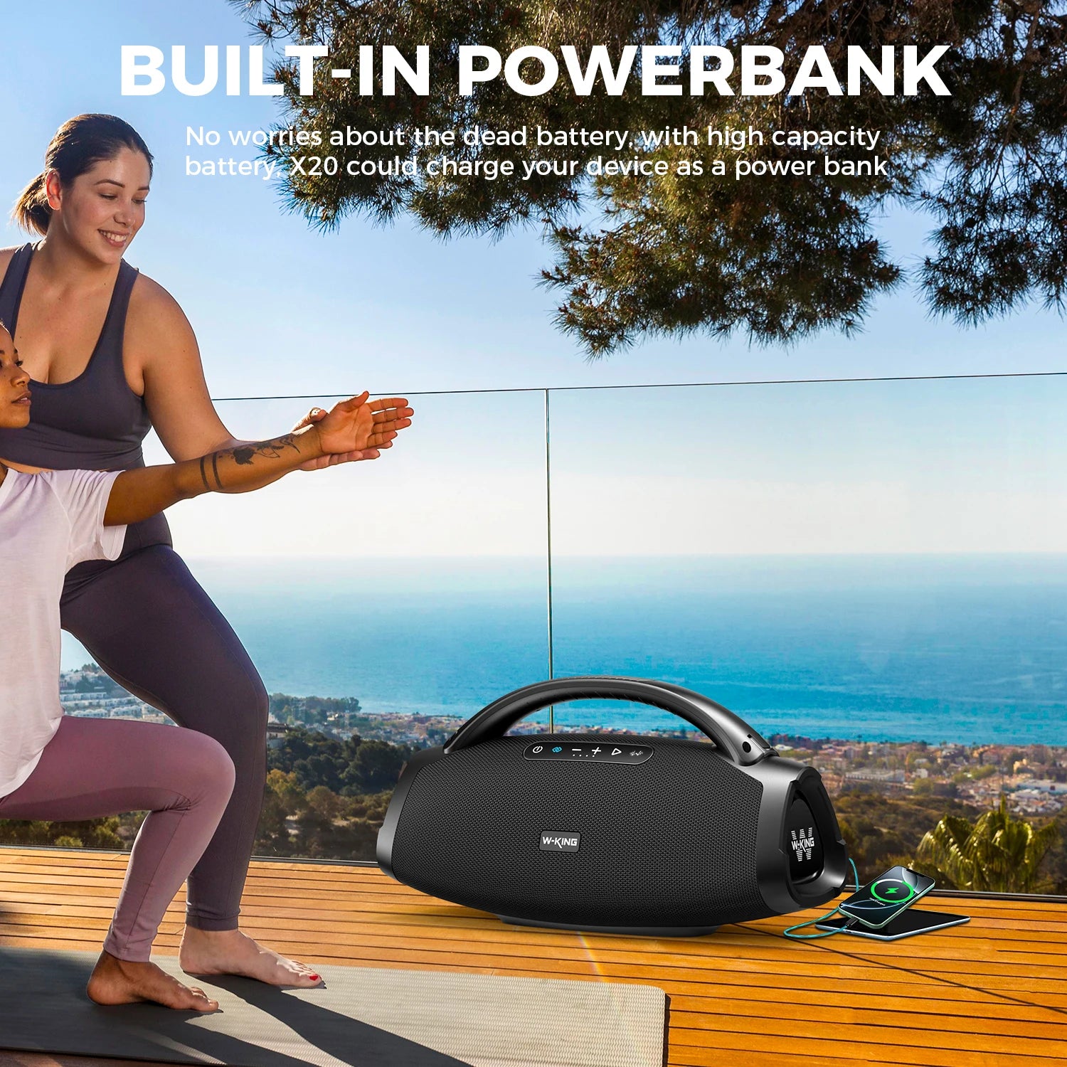 Enceinte Bluetooth portable W-KING 200 W RMS, boombox de fête aux basses puissantes, enceinte étanche IPX7, grande enceinte puissante pour l'extérieur