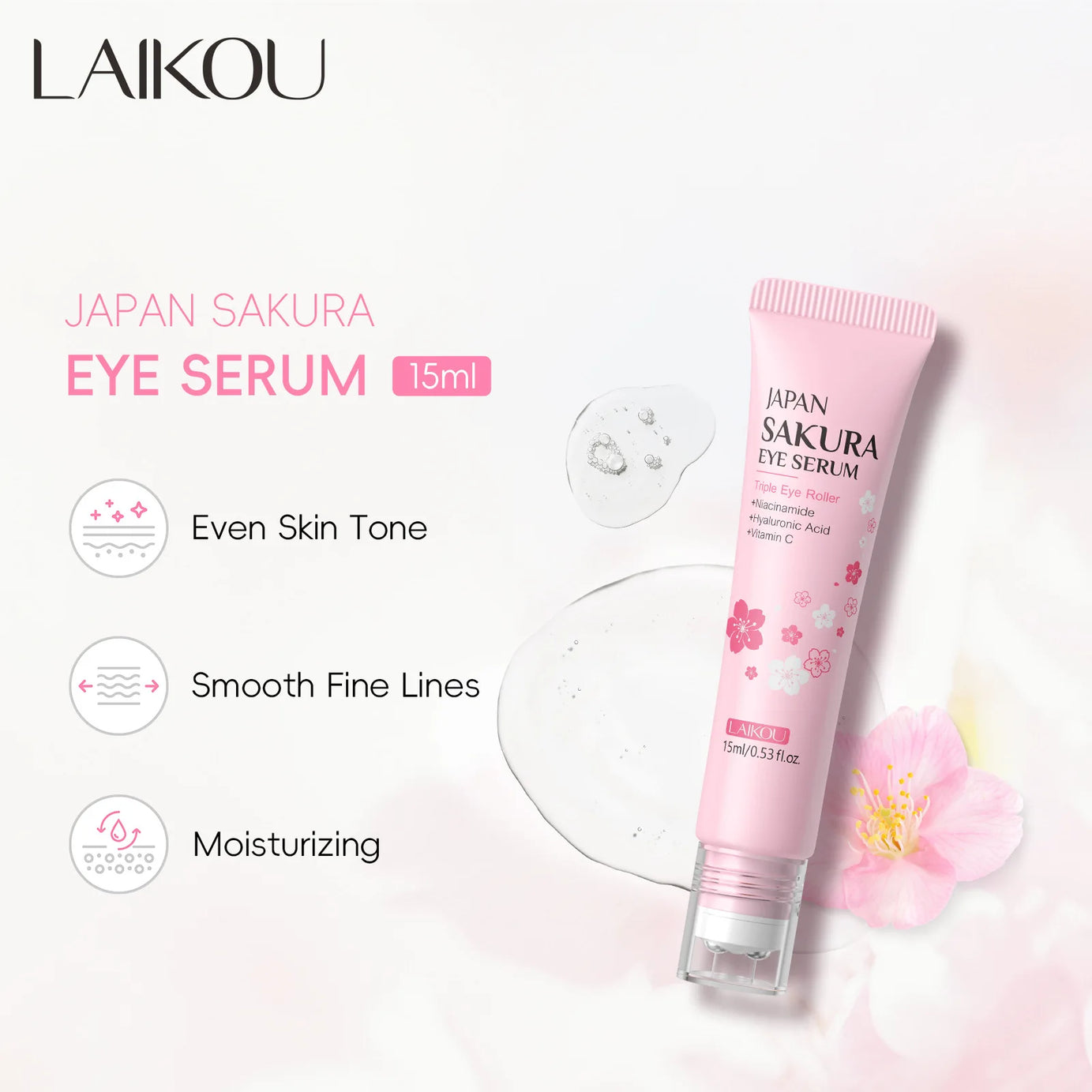 LAIKOU Sakura Eye Serum Roller Massage con ácido hialurónico para el cuidado de la piel, bolsas en los ojos, crema hidratante para ojeras 15 ml