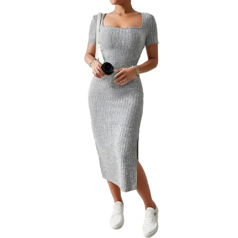 Robe d'été en maille fendue, col carré, jupe mi-longue moulante, manches courtes