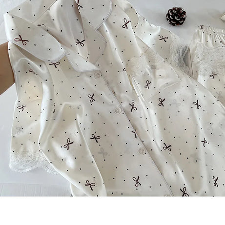 New Korean-Style Elegant Young Ladies' Pyjamas Summer New Arrival Short-Sleeved Polka Dot Bow Ice Silk Pyjama Set Homewear Set
