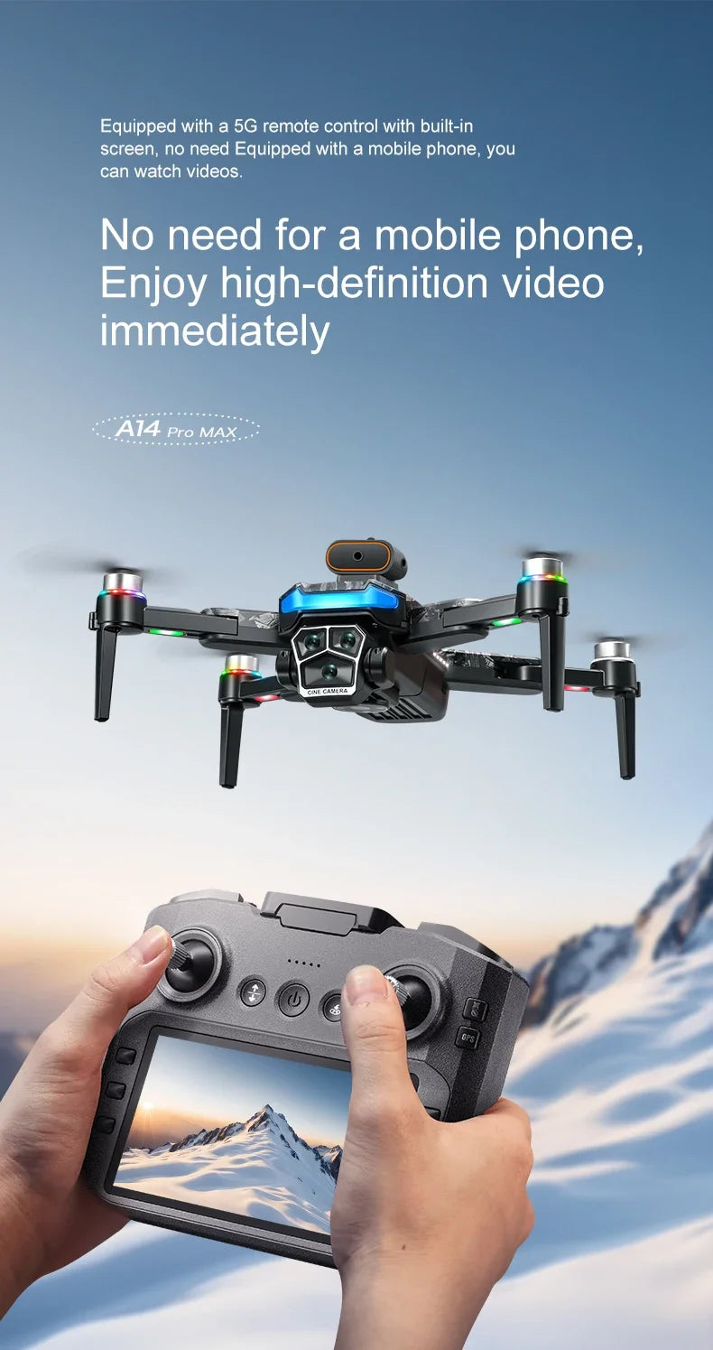 Véritable quadricoptère RC pliable A14 Pro Max GPS Brushless 8K avec trois caméras, détection d'obstacles et écran, pour une portée optimale.