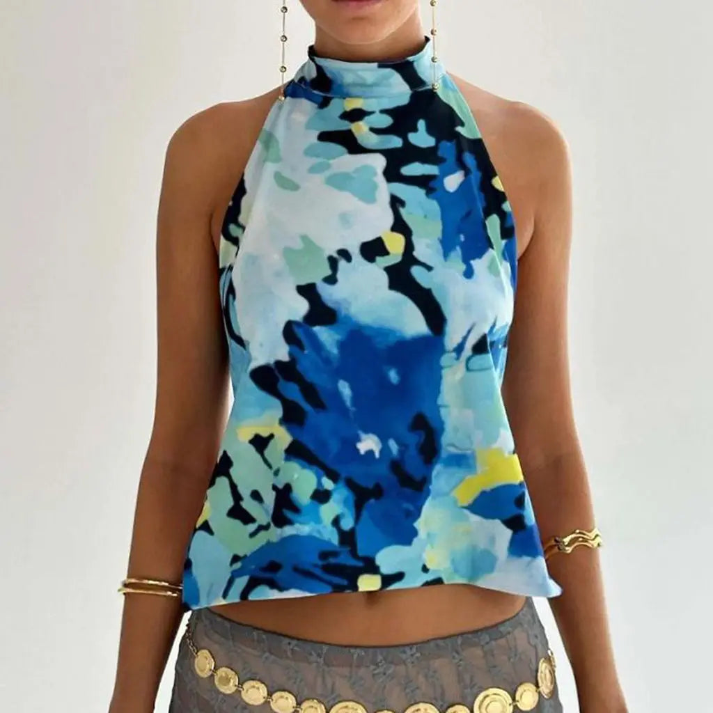 Combhasaki Débardeurs d'été pour femmes, style années 2000, à boutons, col halter, sans manches, dos nu, imprimé à pois/fleurs tie-dye
