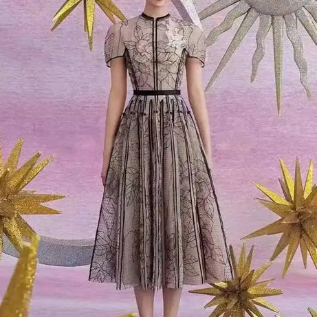 Robe DEAT élégante à col rond, broderie, patchwork de gaze, coupe trapèze, unie, robe de soirée femme printemps 2026, nouvelle mode 35Z927