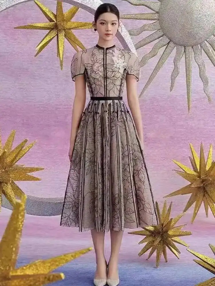 Robe DEAT élégante à col rond, broderie, patchwork de gaze, coupe trapèze, unie, robe de soirée femme printemps 2026, nouvelle mode 35Z927