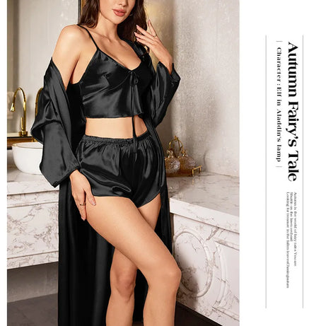 Ensemble 3 pièces de pyjama sexy pour femme, comprenant nuisettes en satin, robes de nuit et peignoirs courts.