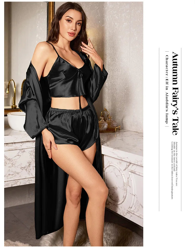 Ensemble 3 pièces de pyjama sexy pour femme, comprenant nuisettes en satin, robes de nuit et peignoirs courts.