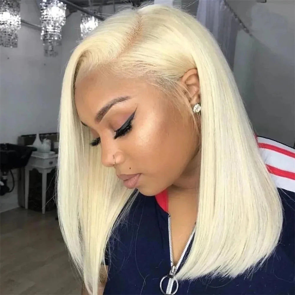 Perruque bob blonde 613, cheveux humains courts et raides, perruque frontale en dentelle HD 13x4, cheveux brésiliens colorés, 100 % cheveux humains, 40 cm (16 pouces), cosplay 200 %