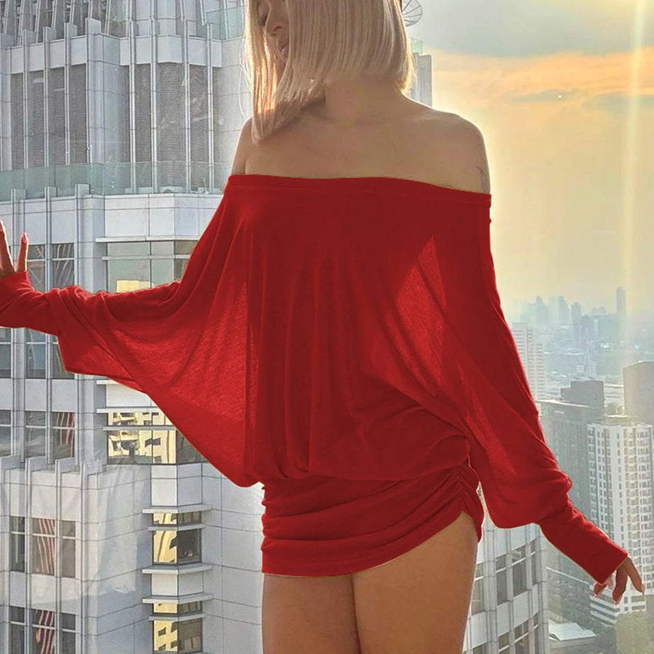 Robe mini Dulzura à épaules dénudées et manches longues, ornée de patchwork froncé, pour femme, tenue sexy, élégante et décontractée idéale pour les soirées et les clubs, printemps-été.