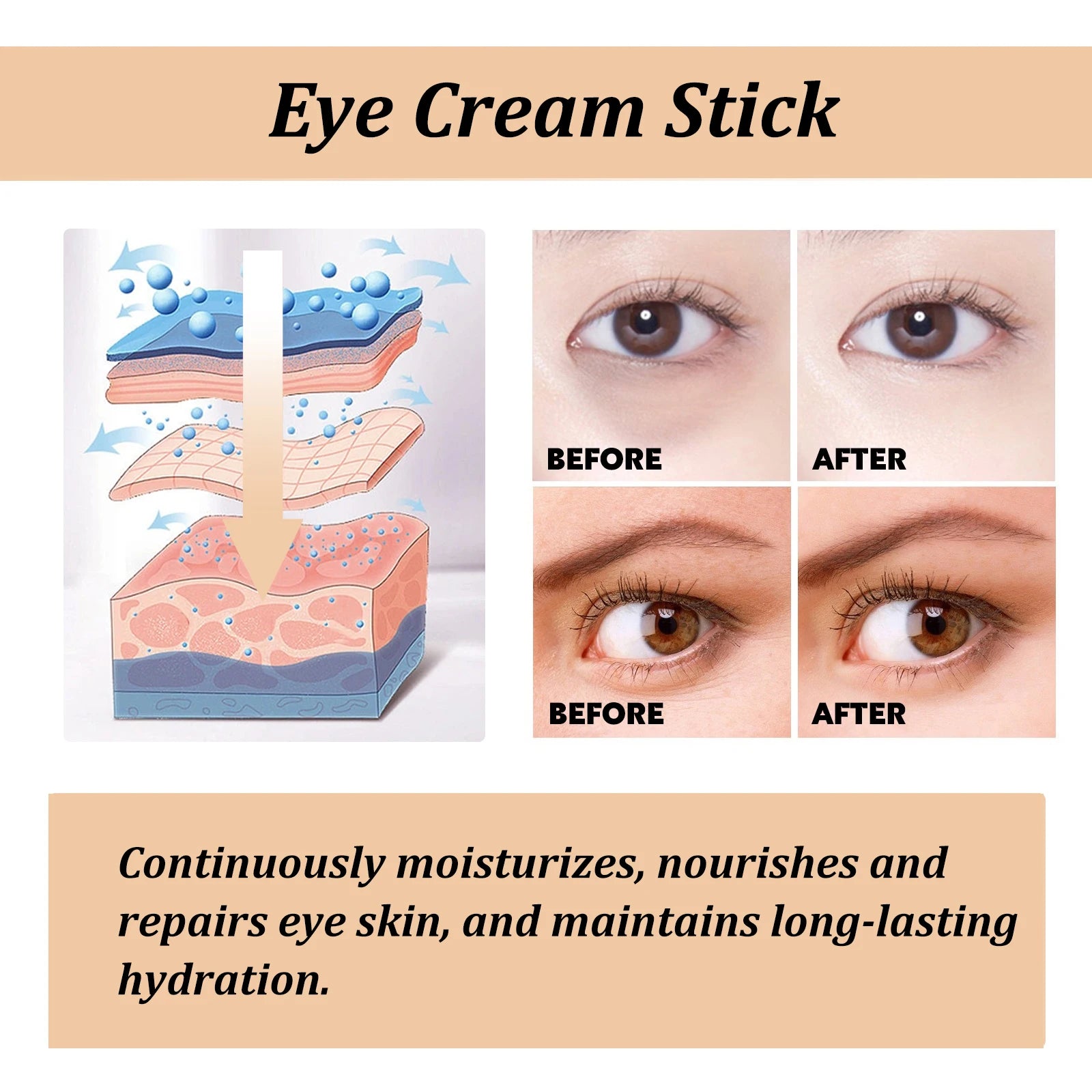 Stick contour des yeux à la bave d'escargot, collagène, atténue les ridules, les rides, éclaircit les cernes, raffermit les poches et réduit les gonflements. Crème contour des yeux hydratante.