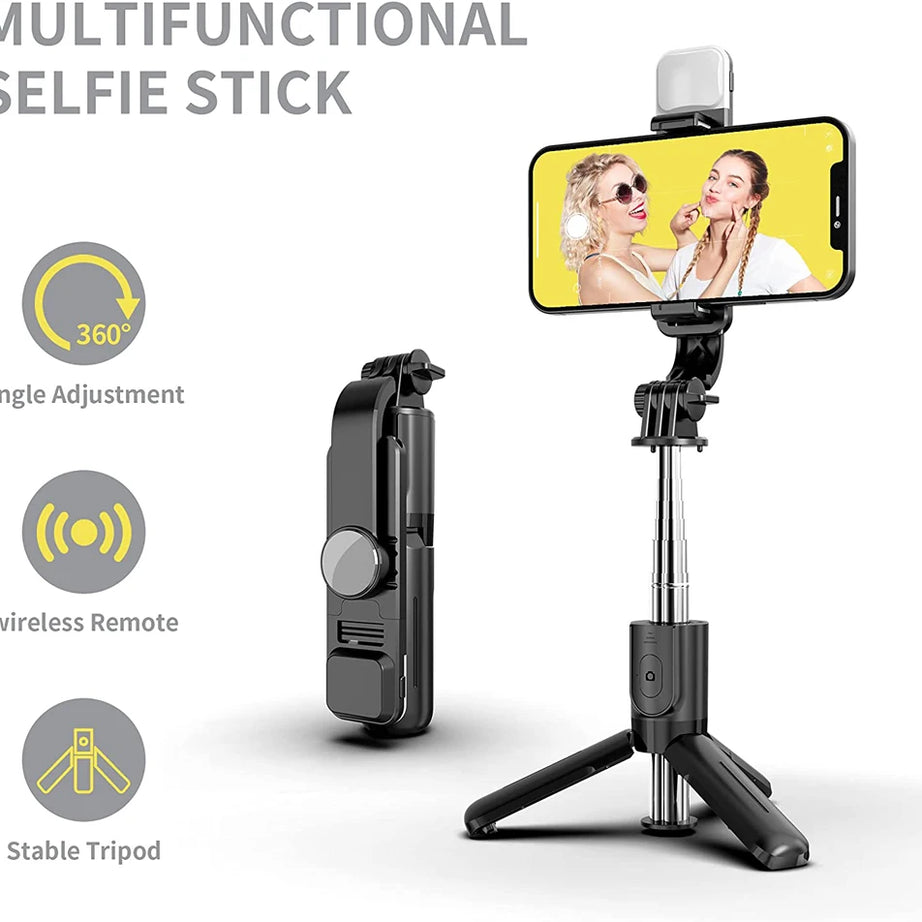 Perche à selfie sans fil Bluetooth avec trépied pliable et portable, éclairage d'appoint et télécommande pour smartphones Android et iPhone.