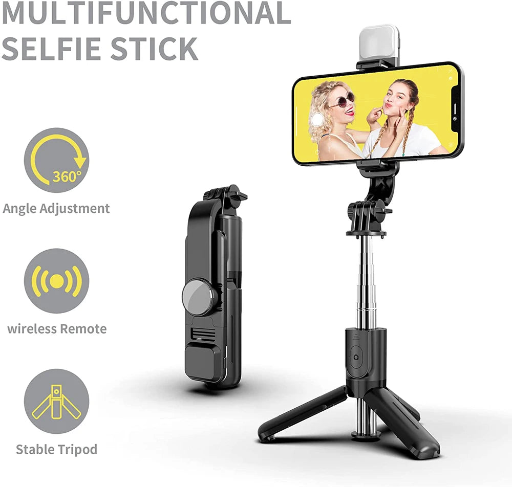 Perche à selfie sans fil Bluetooth avec trépied pliable et portable, éclairage d'appoint et télécommande pour smartphones Android et iPhone.