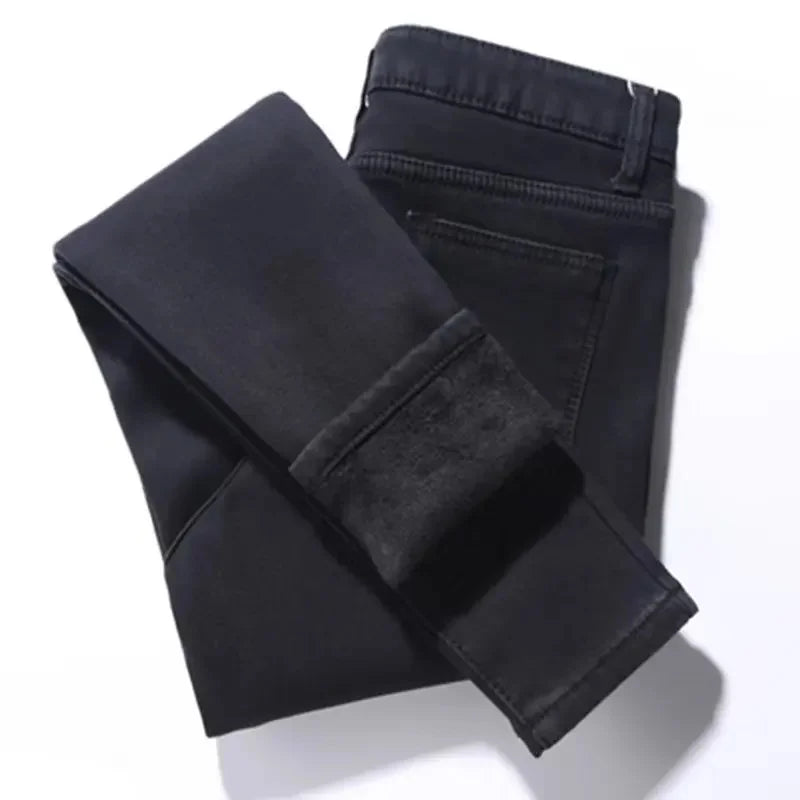 Pantalones vaqueros ajustados de cintura alta para mujer, forrados de felpa, gruesos y cálidos, estilo nuevo, versátiles, tipo lápiz, casuales y cómodos.