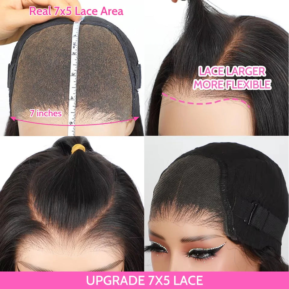 Perruques ISEE Hair sans colle, cheveux humains, prêtes à porter, lisses, pré-épilées, faciles à porter, avec lace front 7x5HD et dentelle prédécoupée.