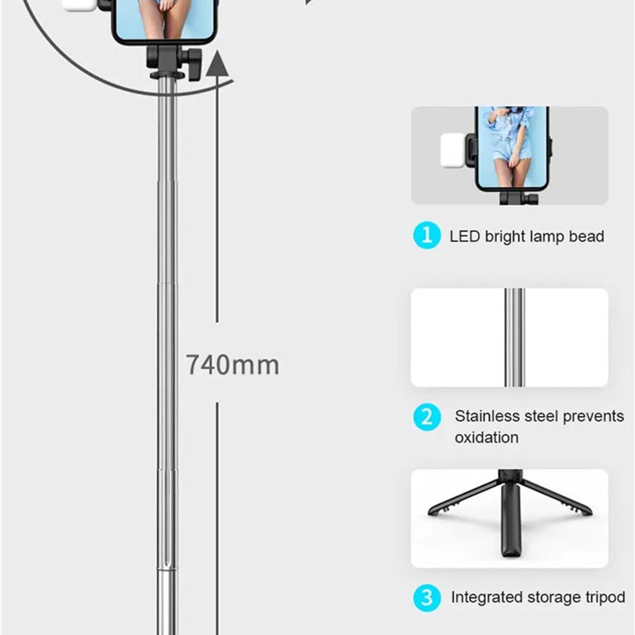 Perche à selfie avec trépied, télécommande Bluetooth et support de téléphone sans fil avec lumière LED intégrée pour le streaming en direct.