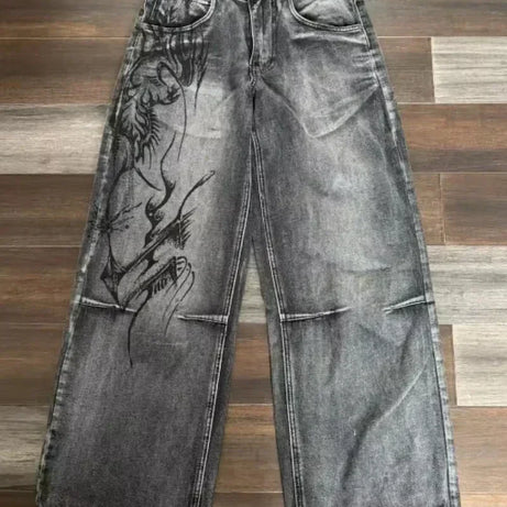 Jean tendance streetwear brodé de têtes de mort pour femme, style Harajuku Y2K, pantalon droit à jambes larges, style Joker, jean décontracté pour couple