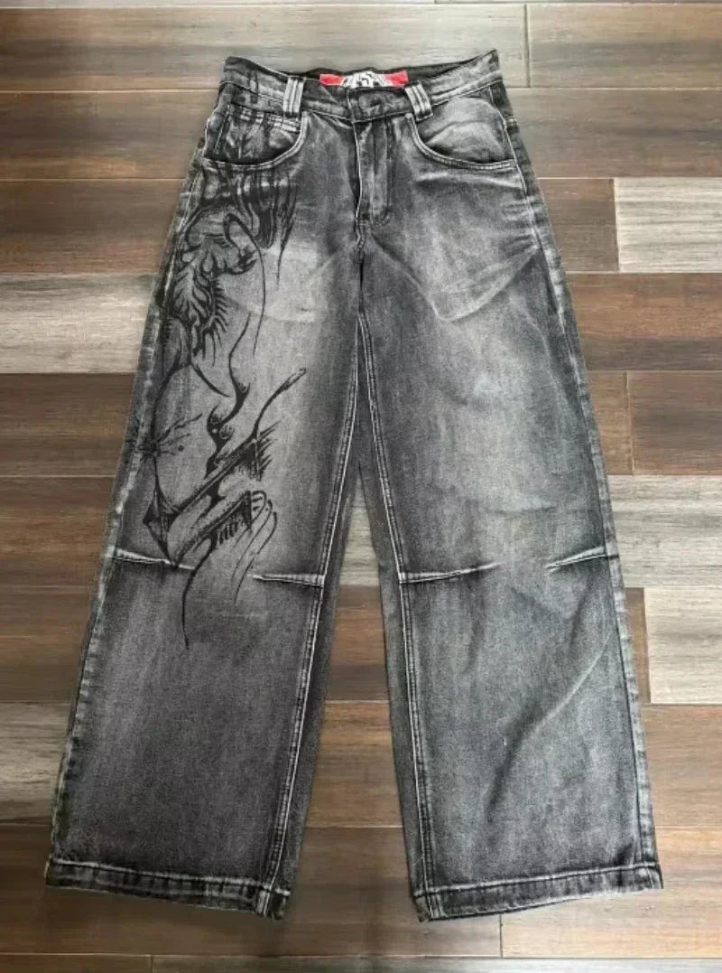 Jean tendance streetwear brodé de têtes de mort pour femme, style Harajuku Y2K, pantalon droit à jambes larges, style Joker, jean décontracté pour couple