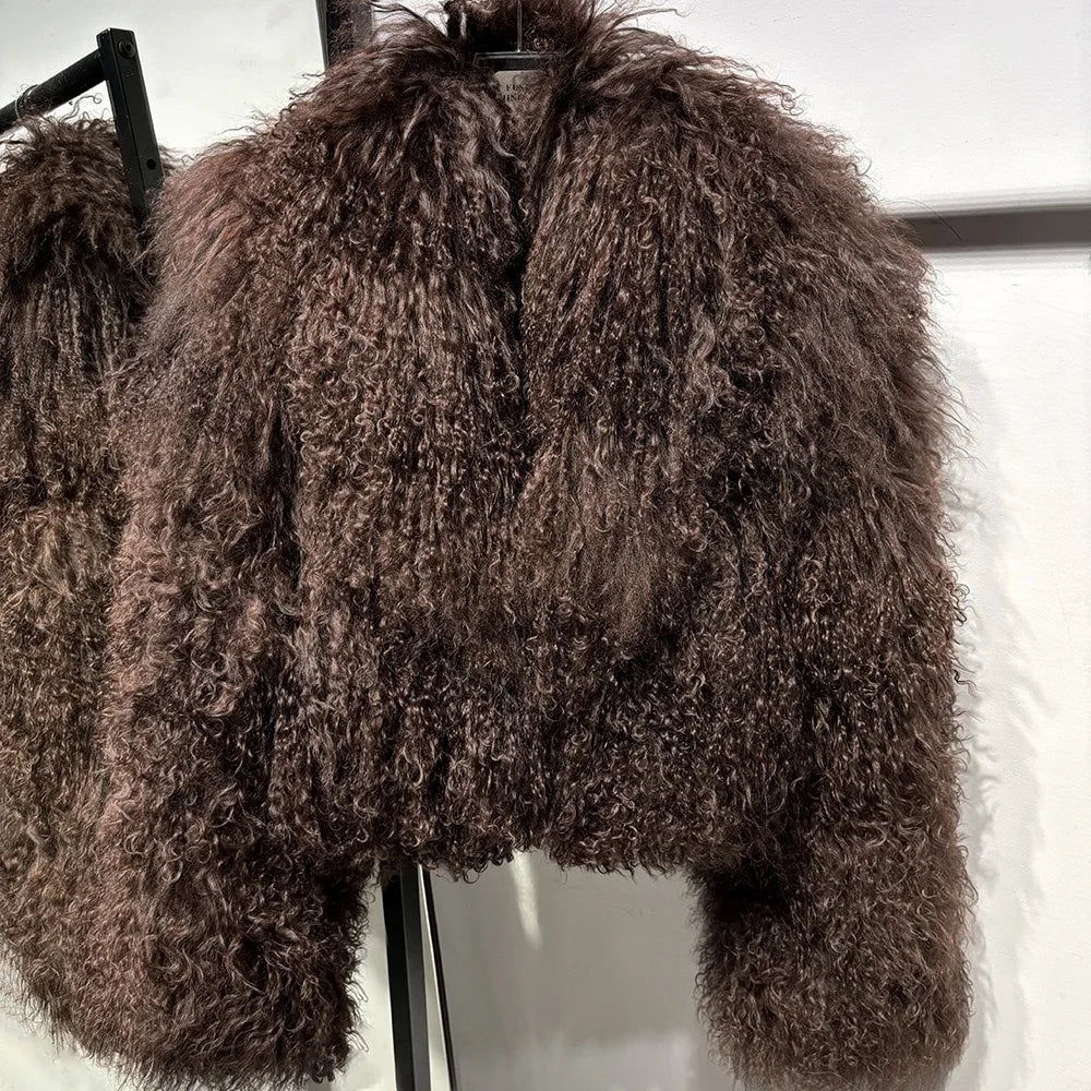 Manteau court en véritable fourrure de mouton de Mongolie, manches longues, pour femme.
