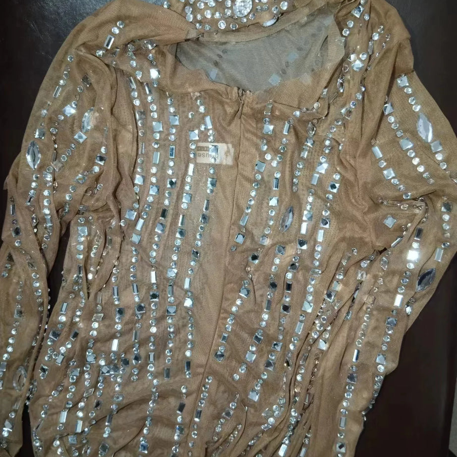 Sparkly Silver Big Rhinestone Transparent Long Dress Evening Birthday Celebrate Luxurious Costume Dancer Flashing Dress