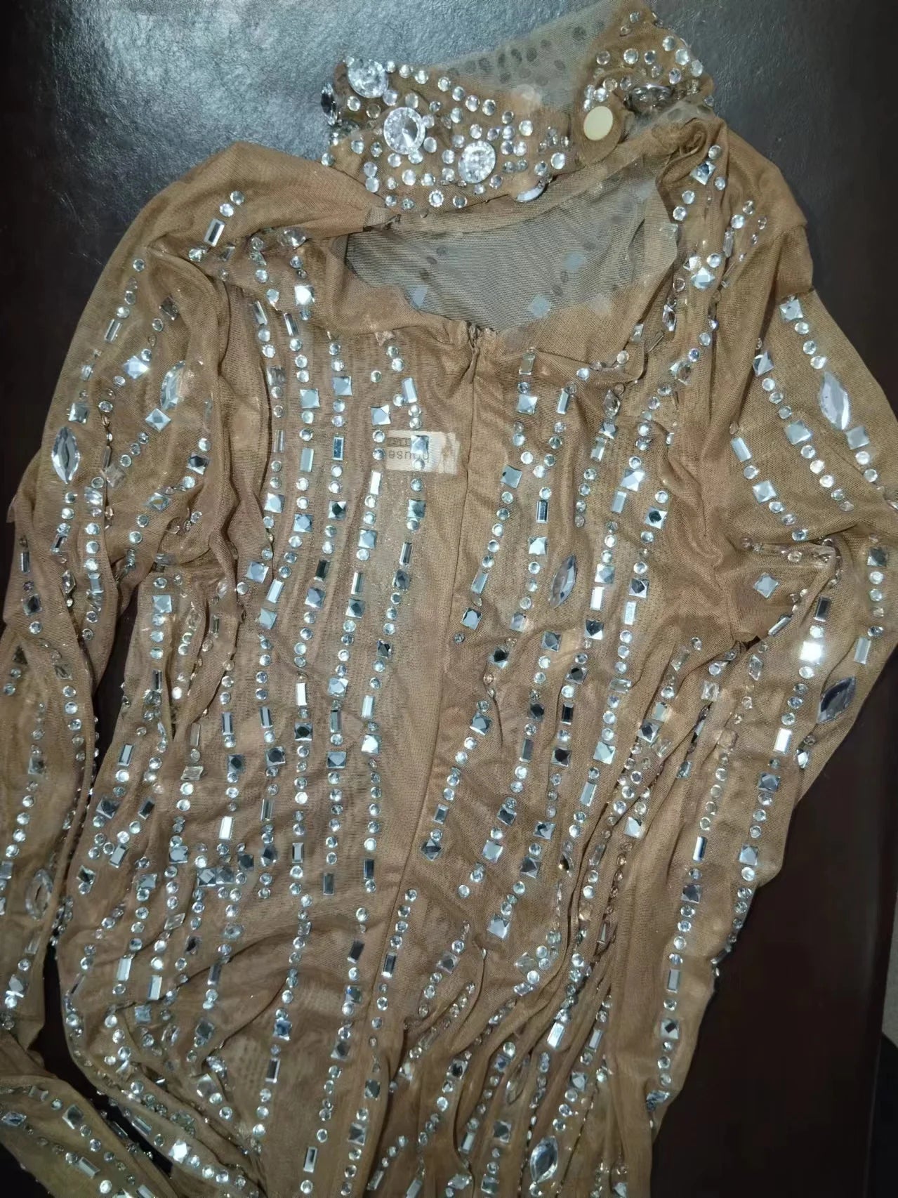 Sparkly Silver Big Rhinestone Transparent Long Dress Evening Birthday Celebrate Luxurious Costume Dancer Flashing Dress