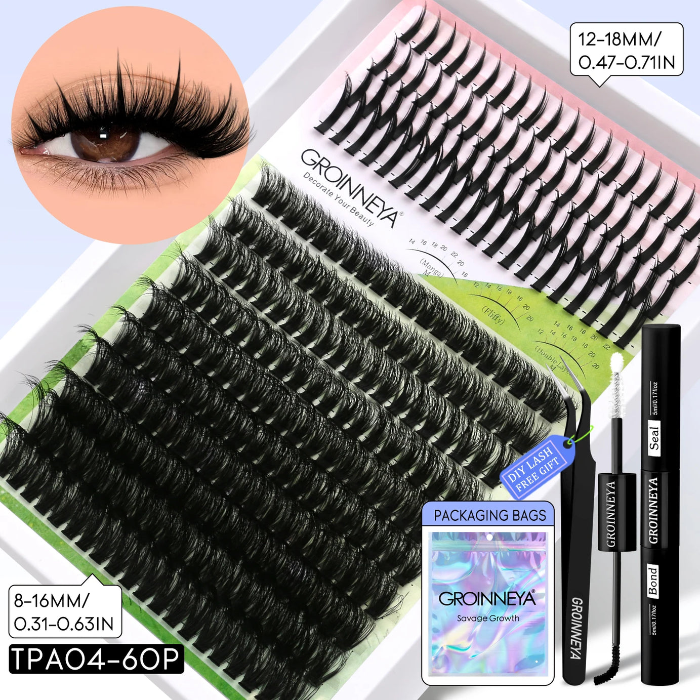 GROINNEYA Lash Clusters Kit DIY Manga Cluster Lashes Set Spikes Lashes Cluster Extension Full Set Individual Eyelashes Makeup