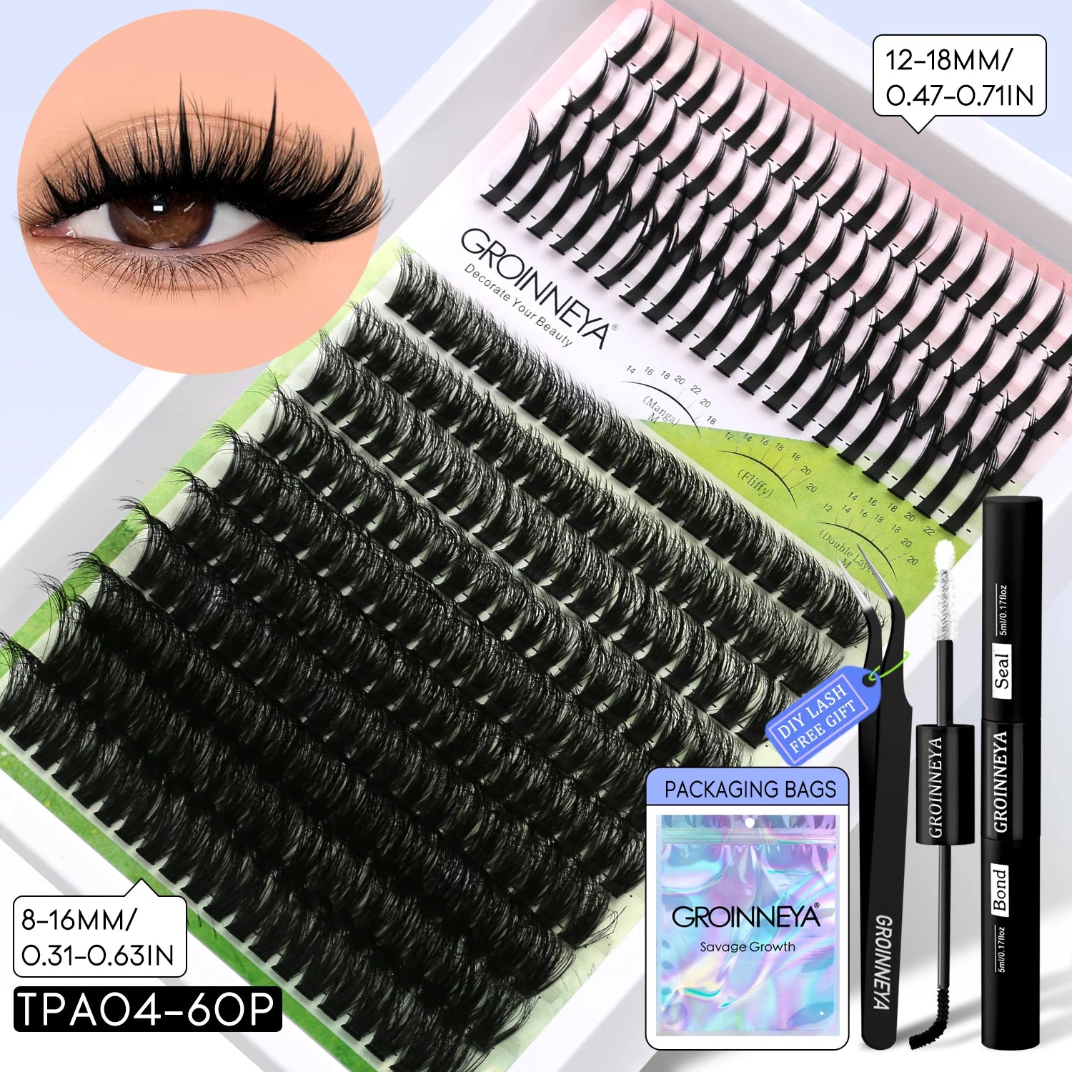 GROINNEYA Lash Clusters Kit DIY Manga Cluster Lashes Set Spikes Lashes Cluster Extension Full Set Individual Eyelashes Makeup