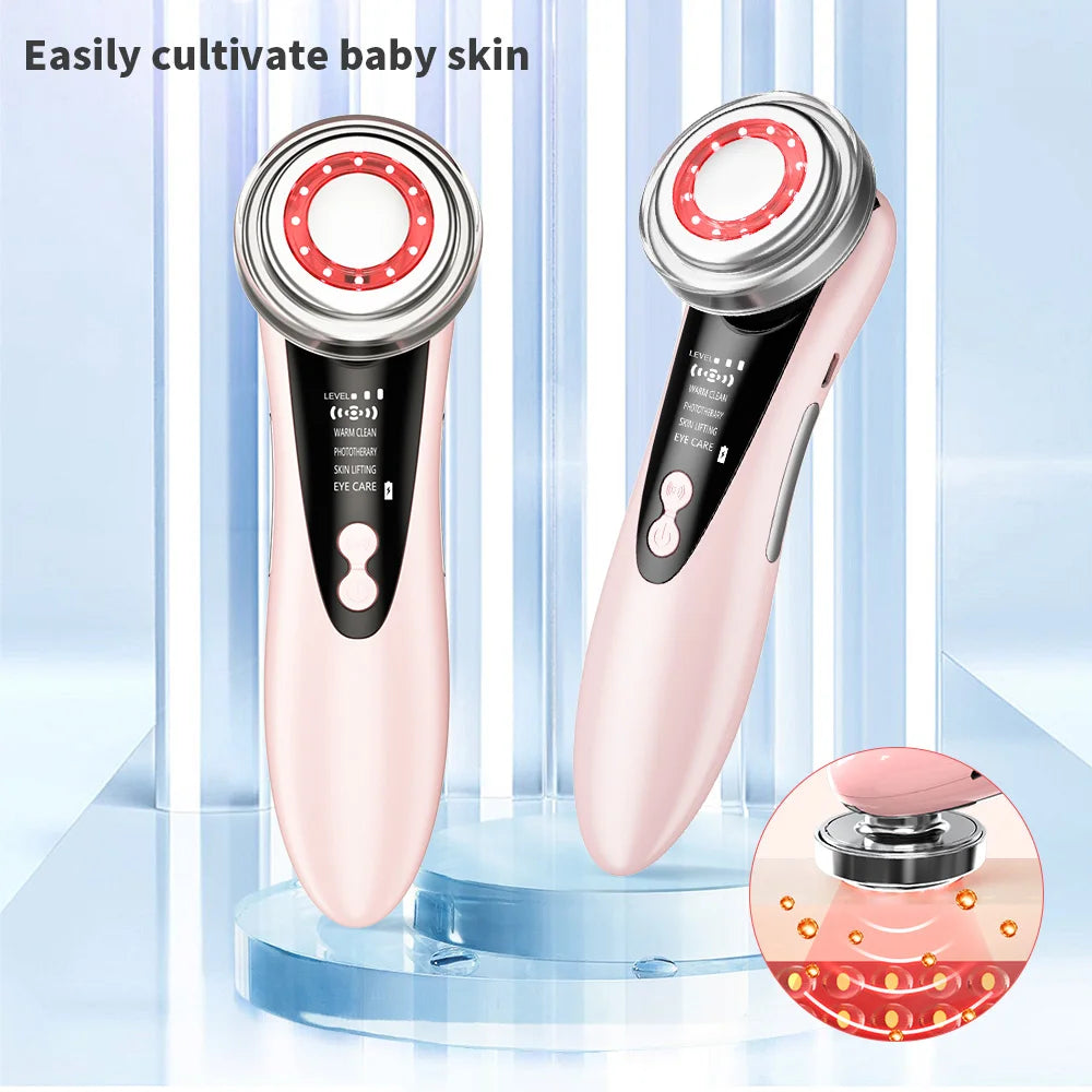 Appareil de massage facial EMS 7 en 1, instrument de beauté pour le visage avec vibrations induites, compresses chaudes et thérapie par la lumière LED.
