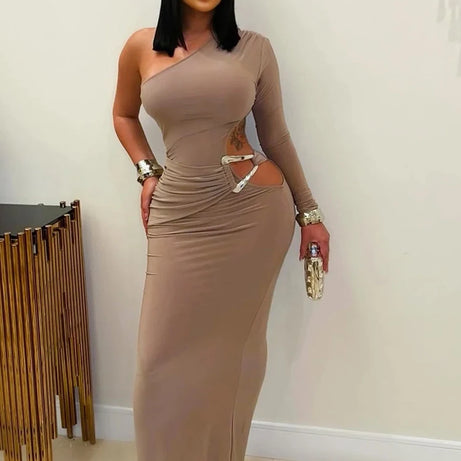 Beyprern Beautiful One Sleeve Cut-Out Metal Tirm Long Maxi Dress For Women Glam Solid Color Slim Party Dress Christmas Outfits