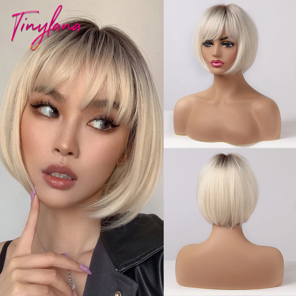 Perruque synthétique blanche, blonde et grise avec frange, coupe courte et lisse, idéale pour le cosplay et le quotidien. Cheveux naturels et résistants à la chaleur.
