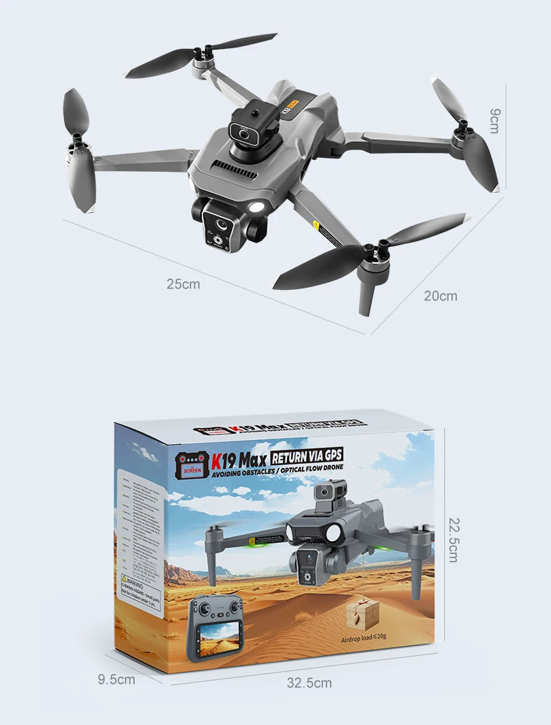 Nouveau drone K19 MAX GPS professionnel avec caméra 8K, vol FPV aérien, évitement d'obstacles, télécommande grand écran et drone pliable