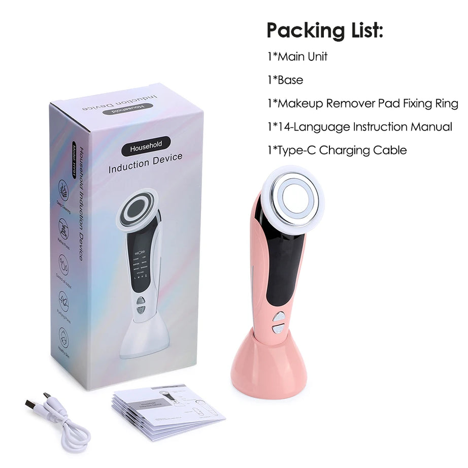 Appareil de massage facial EMS 7 en 1, instrument de beauté pour le visage avec vibrations induites, compresses chaudes et thérapie par la lumière LED.