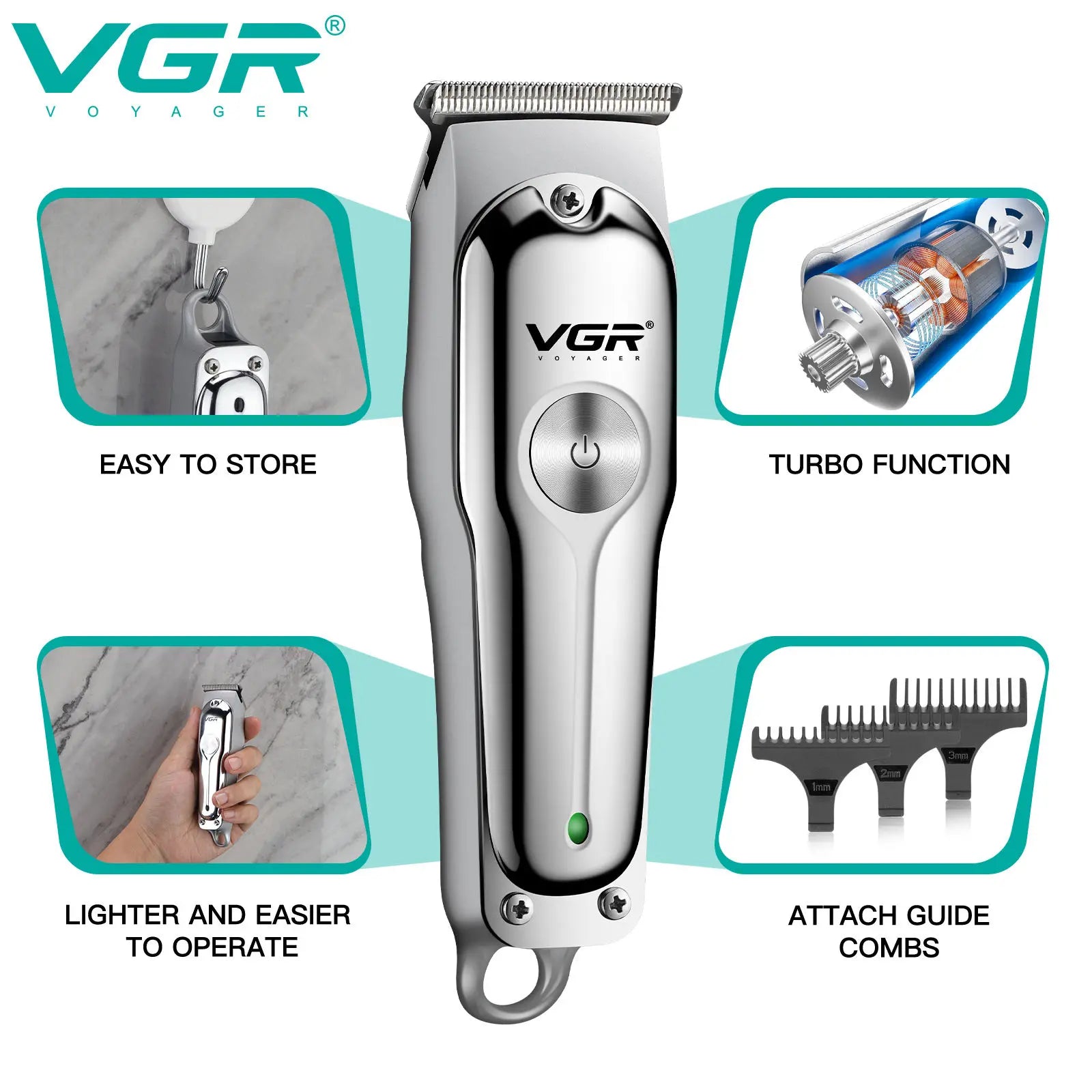 Tondeuse à cheveux professionnelle VGR 071, rechargeable, sans fil, portable, avec lame en T, pour hommes