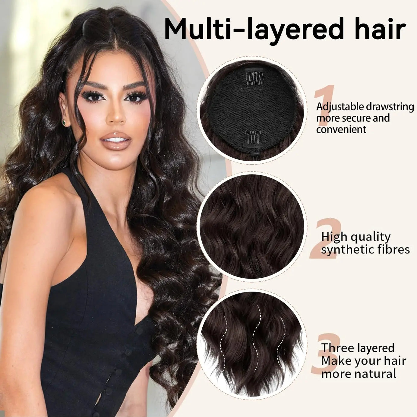 Queue de cheval ondulée longue de 45/65/75 cm avec cordon de serrage pour femme, extension de cheveux synthétiques marron pour un usage quotidien