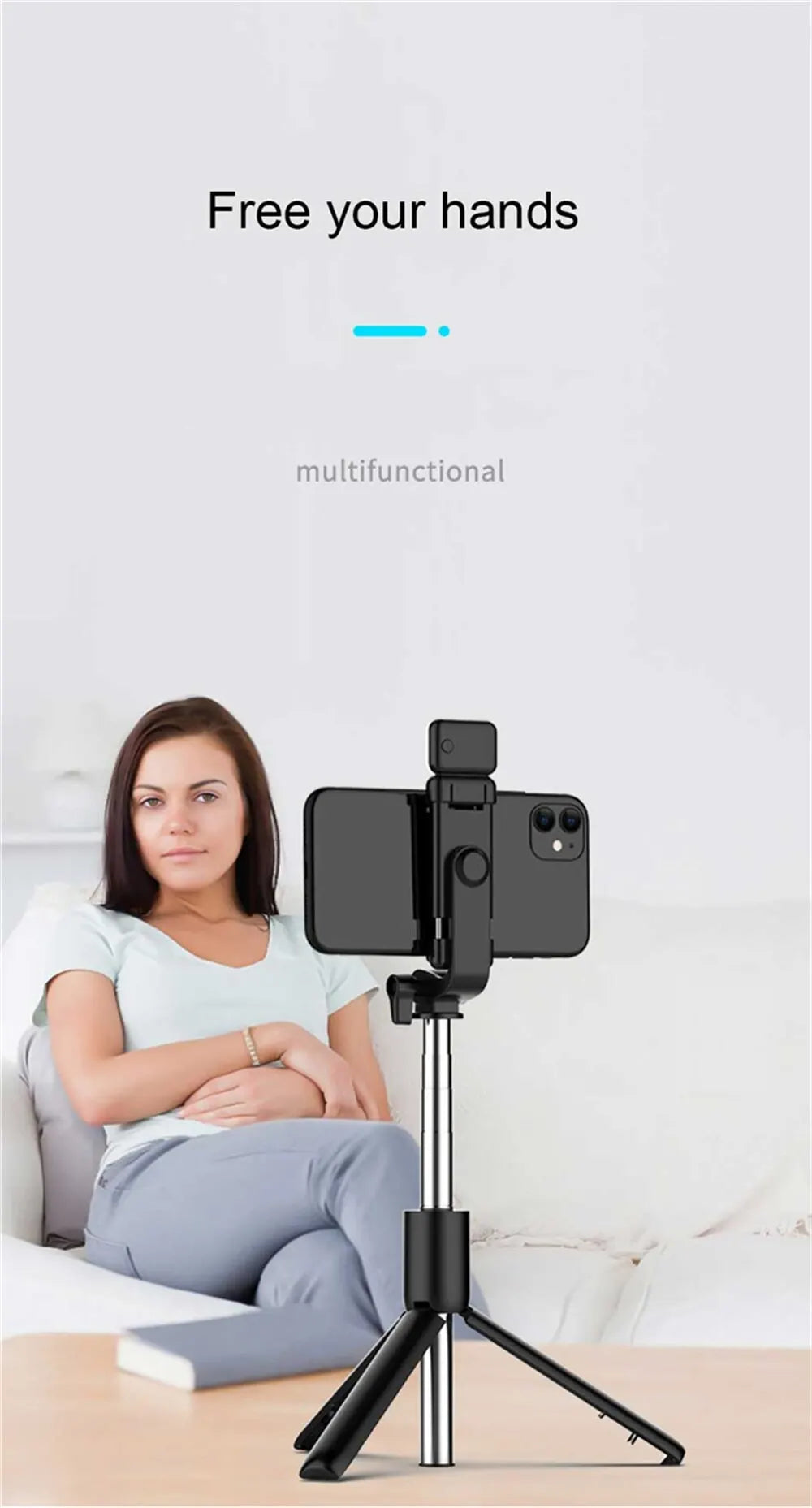 Perche à selfie sans fil avec support de téléphone, mini trépied multifonctionnel rétractable de 74 cm, lampe selfie LED et déclencheur à distance Bluetooth.