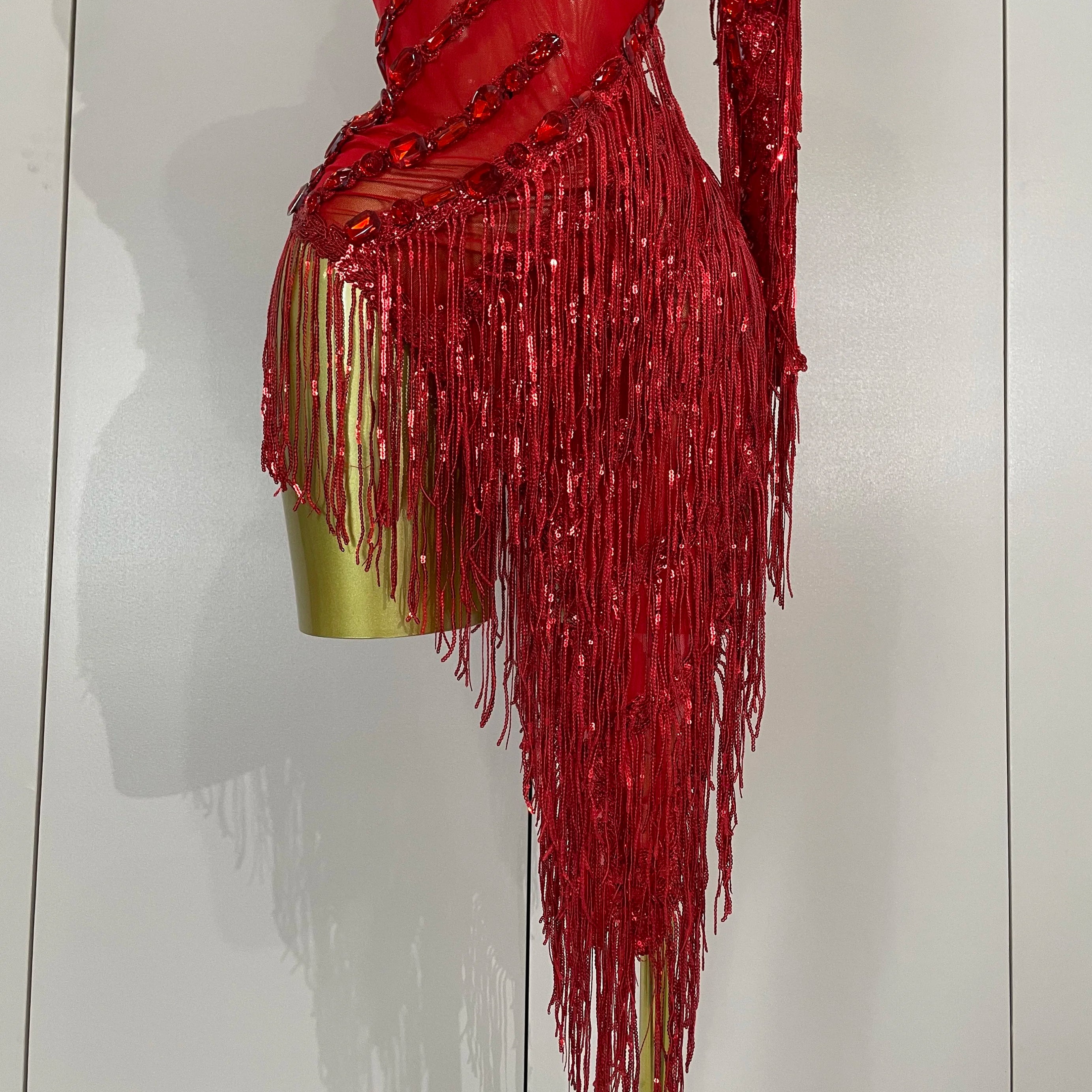 New Stage Costume Sparkly Rhinestones Tassel Sexy See-Through Dress Women One Shoulder Latin Dance Bars Nightclub Party Outfits