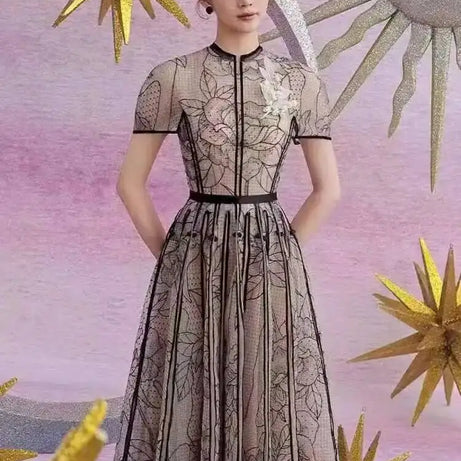 Robe DEAT élégante à col rond, broderie, patchwork de gaze, coupe trapèze, unie, robe de soirée femme printemps 2026, nouvelle mode 35Z927