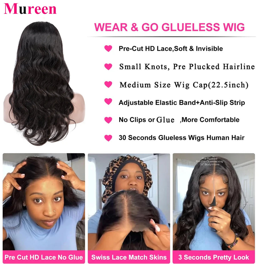 Perruque sans colle, densité 250, cheveux humains pré-épilés, ondulés, avec lace front pour femmes, fermeture en dentelle prédécoupée 4x4.