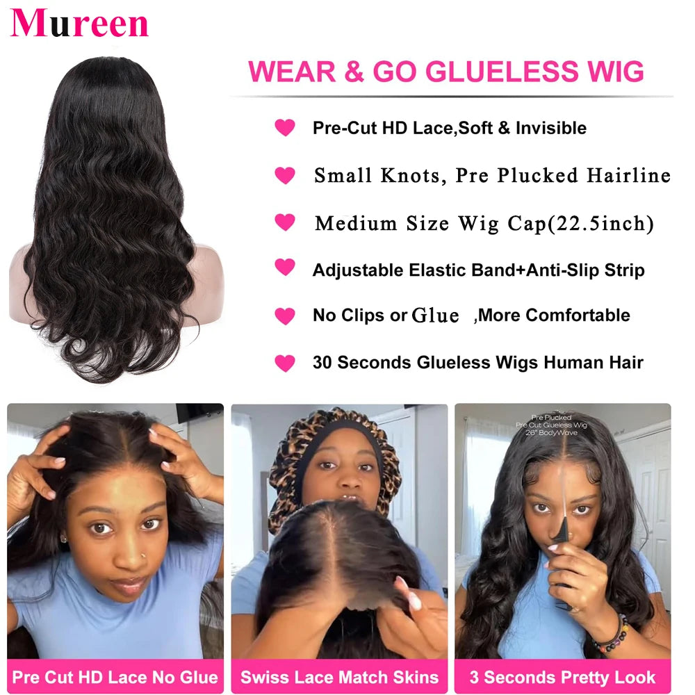 Perruque sans colle, densité 250, cheveux humains pré-épilés, ondulés, avec lace front pour femmes, fermeture en dentelle prédécoupée 4x4.