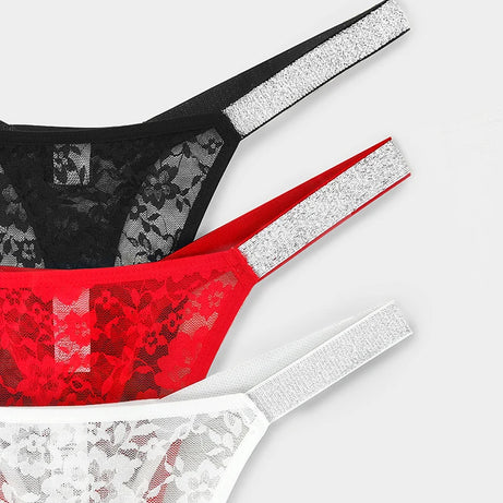 Lot de 3 strings sexy en dentelle pour femme, culottes fleuries transparentes, taille basse, deux ceintures brillantes, string confortable, lingerie intime