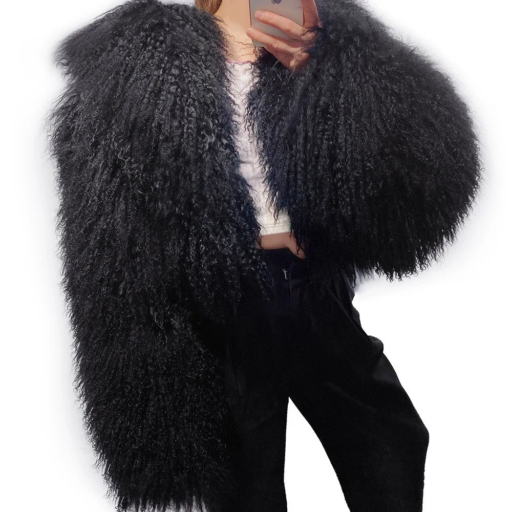 Manteau court en véritable fourrure de mouton de Mongolie, manches longues, pour femme.
