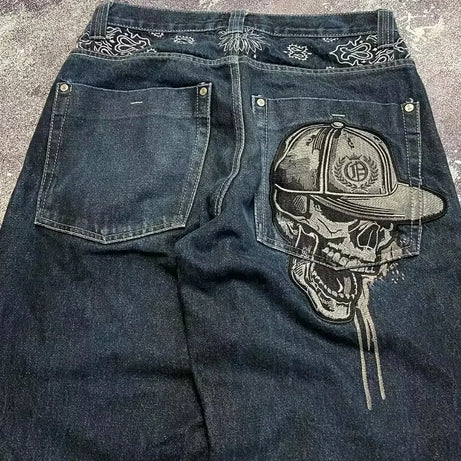 Jean tendance streetwear brodé de têtes de mort pour femme, style Harajuku Y2K, pantalon droit à jambes larges, style Joker, jean décontracté pour couple
