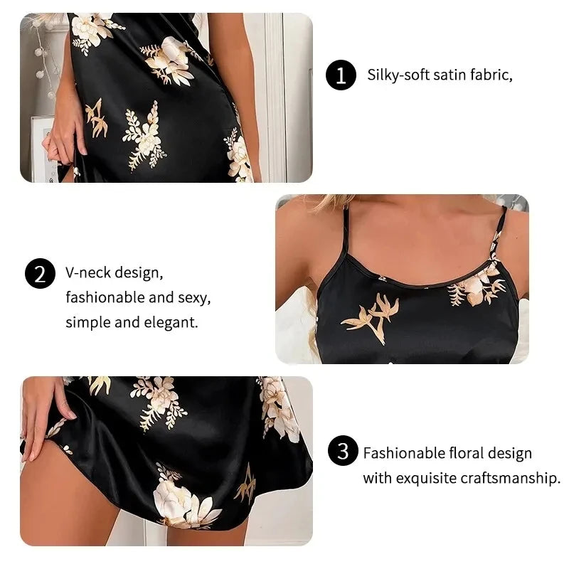Vêtements de nuit pour femmes, vêtements d'intérieur, nuisette sexy noire à imprimé floral, chemises de nuit en soie, chemises de nuit pour femmes
