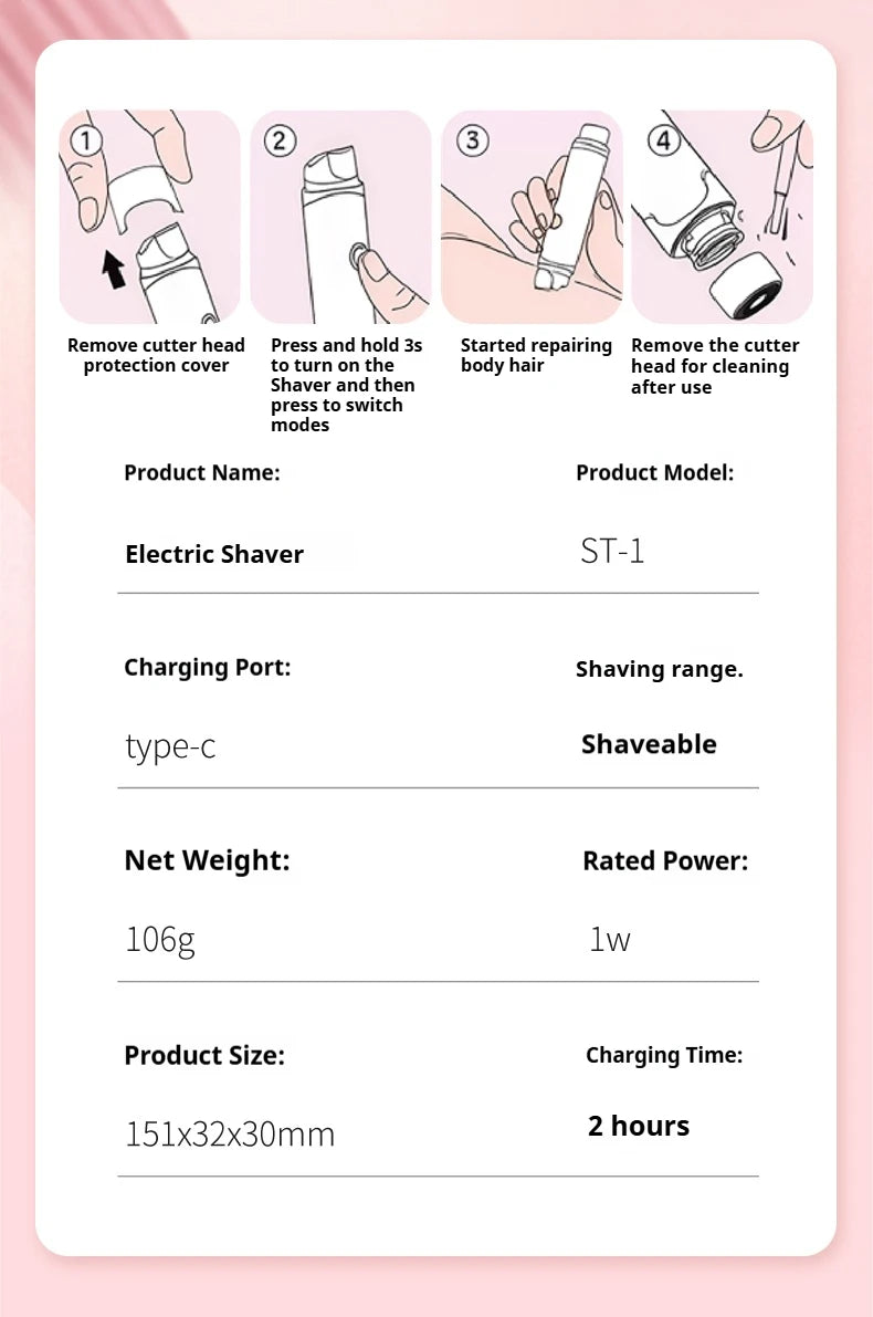 Rasoir électrique 2 en 1 pour femmes, épilation indolore, tondeuse corporelle rechargeable, épilateur pour aisselles et moustache
